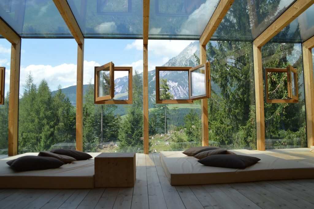 window, house, inside, wood, nature, luxury, architecture, glass, summer, room, good weather, hotel, modern, mountain hotel, hiking destination, modern art